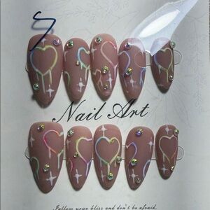 Nude Stiletto Press-On Nails with Pastel Heart Art size small